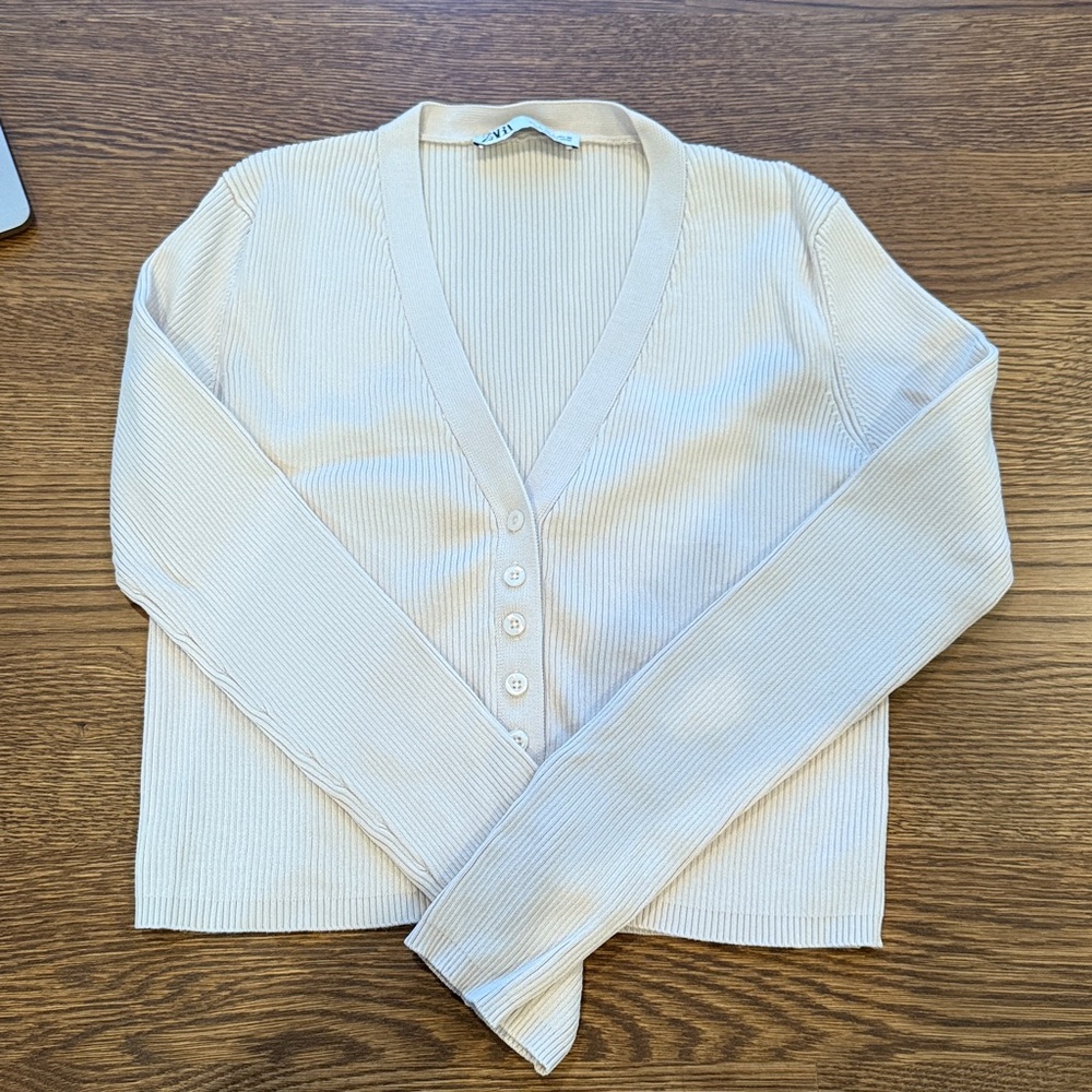 Zara Light Cream Ribbed Knit Top